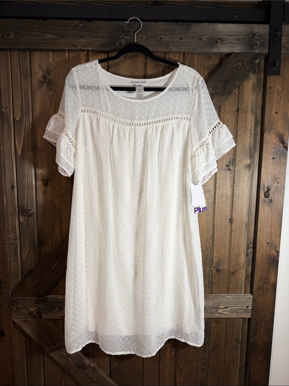 Plus Size Cream Swiss Dot Lace-Trim Midi Dress